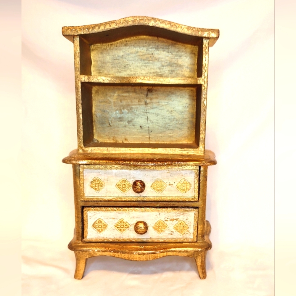 Pretty Gold Gilt Florentine Vintage 11" Doll Miniature‎ Hutch Cabinet